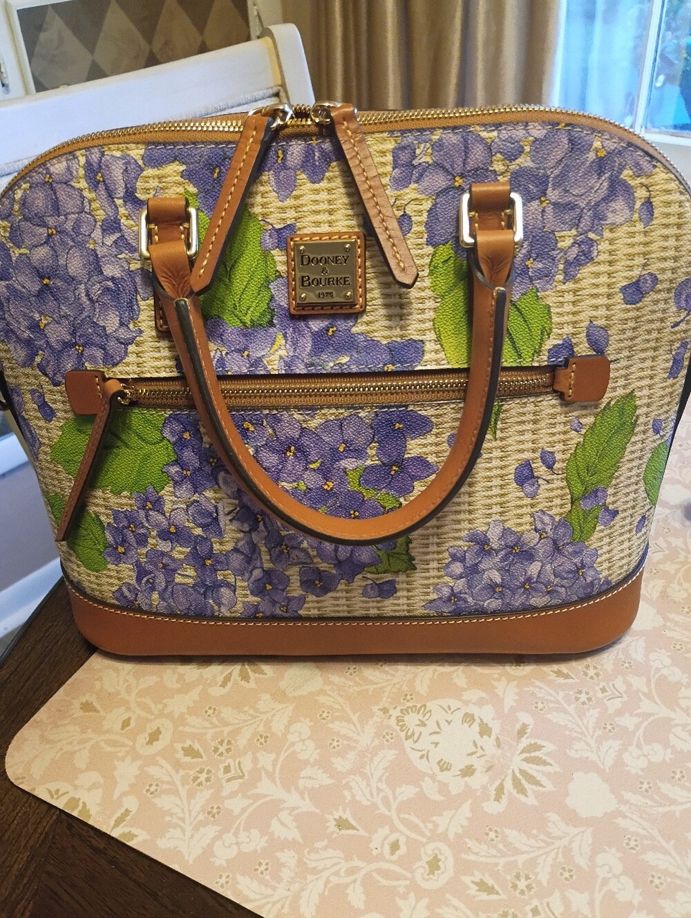 Dooney Hydrangea Zip Domed Satchel Purple Floral